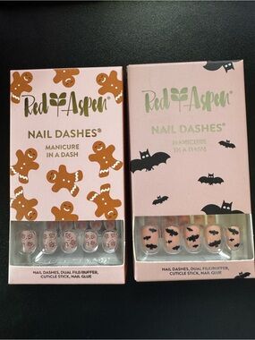 Red Aspen holiday nail Dashes - Pink with Brown Gingerbread & Black Bat Designs